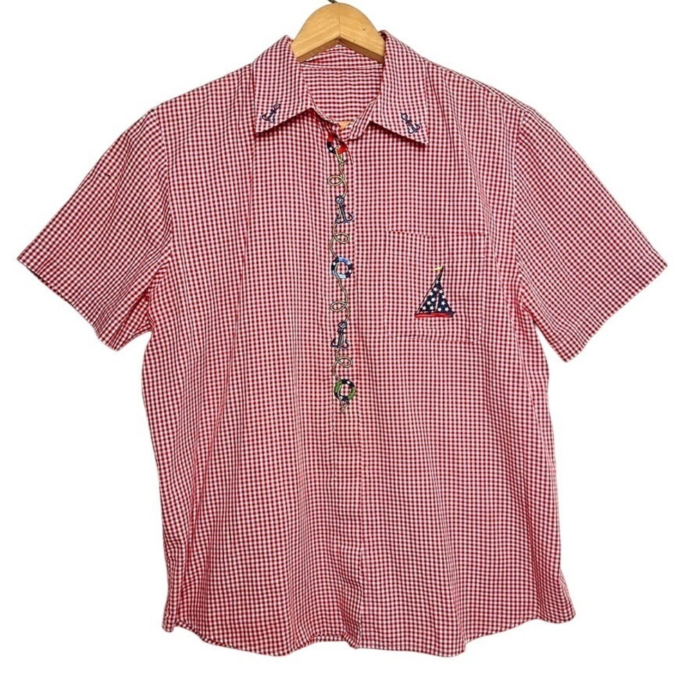 Nautical Button Down Top Medium Sailboat Lighthouse Embroidered Frizzle Fun Twee